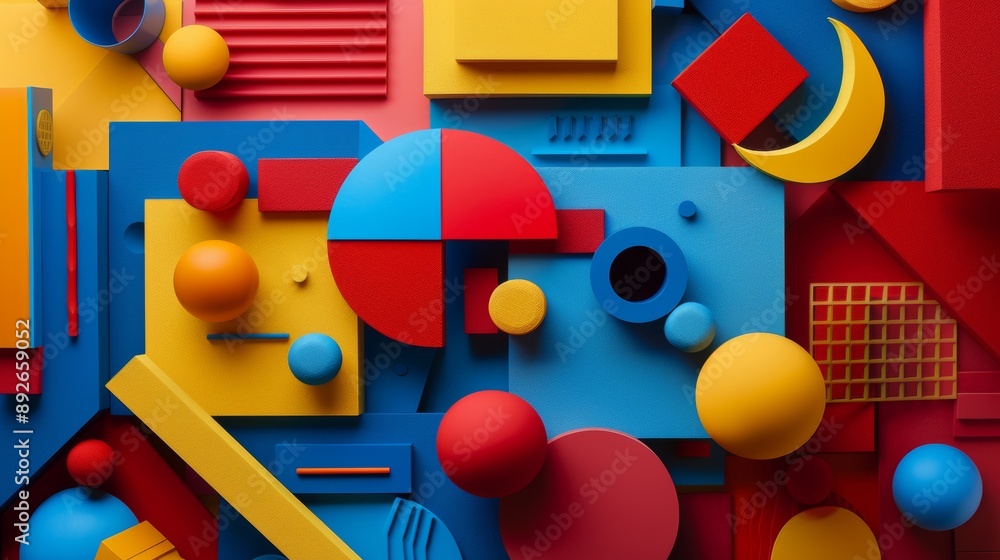 Poster the image is a colorful collage of various shapes and sizes, including circles