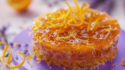 vibrant orange marmalade cake topped with zest curls, set against a soft lavender background