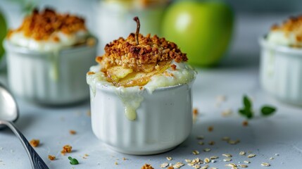 A white pie with a crust and a topping of nuts and apples. The pie is sitting on a table with a few apples nearby