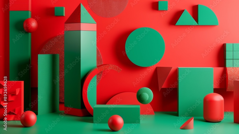 Poster a green and red background with a lot of shapes and a red tower