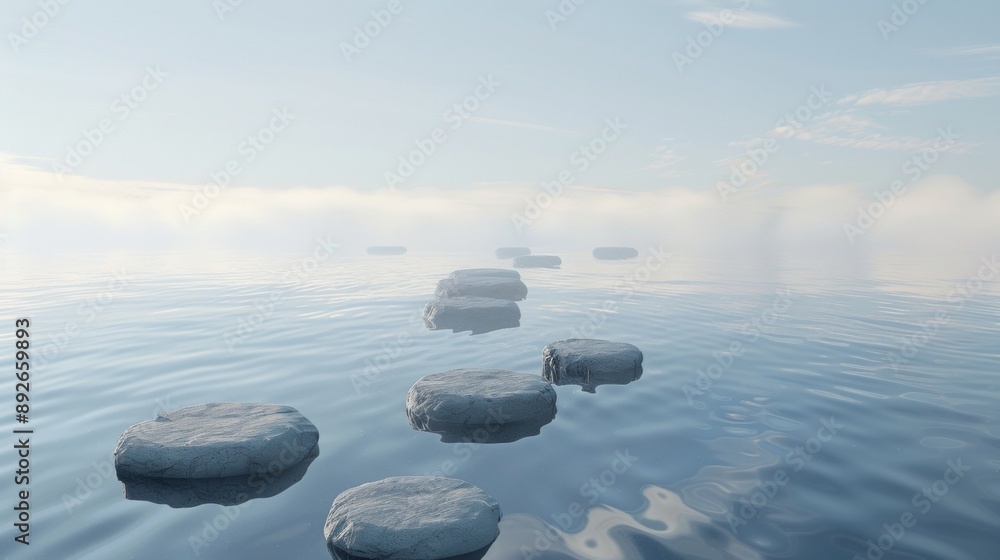 Poster a series of rocks are floating in the water, creating a path across the surface