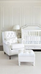 A white nursery with a plush white armchair, a teddy bear sitting on the seat, and a white crib with a canopy