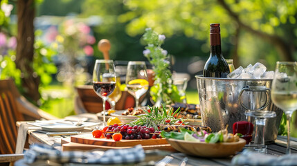 garden party with a richly laid table and wine in a wine cooler