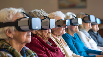 Senior learners exploring virtual reality with headsets in a tech class 