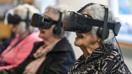 Obraz premium Senior learners exploring virtual reality with headsets in a tech class 