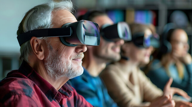 Mature adults experimenting with new software during a tech training session 