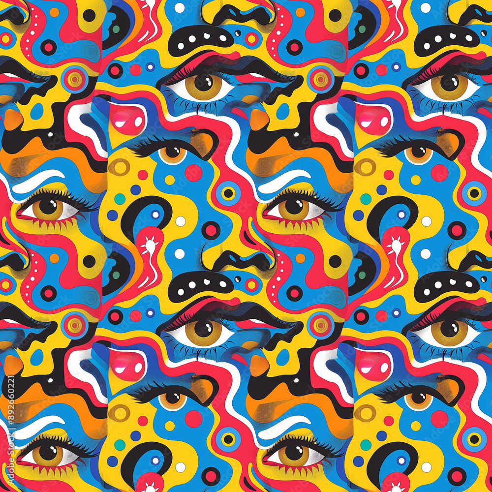 Poster abstract psychedelic pattern with eyes and colorful swirls