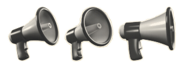 Collection of loudspeakers with halftone effects for collage in retro pop art style. A set of monochrome megaphones, hand cut from a newspaper or magazine. Vector illustration
