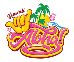 Aloha Hawaii beach vibes. Tropical island with aloha - lettering, sun, shaka hand sign, seagulls, palm-trees in sea waves. Vector on transparent background © Kiselov