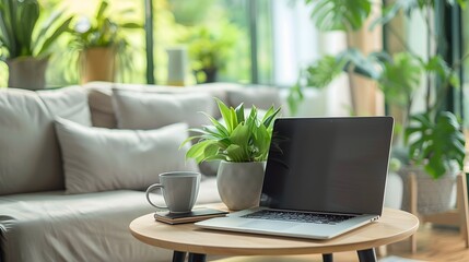 Fototapeta premium Cozy Home Office with Laptop, Plants, and Natural Light.