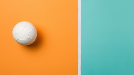 A white volleyball rests on a light floor