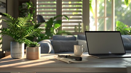 Fototapeta premium Cozy Home Office with Laptop, Plants, and Natural Light.