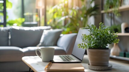 Fototapeta premium Cozy Home Office with Laptop, Plants, and Natural Light.