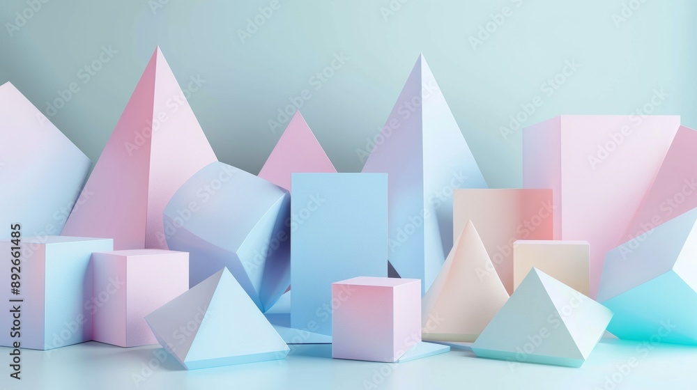 Poster a colorful array of geometric shapes, including cubes and pyramids
