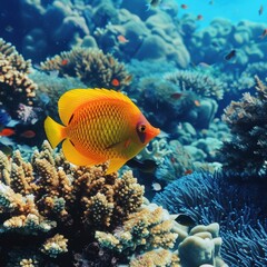 A high-quality stock image of a tropical fish swimming in a coral reef. The vibrant colors and marine life are captivating. AI generation.
