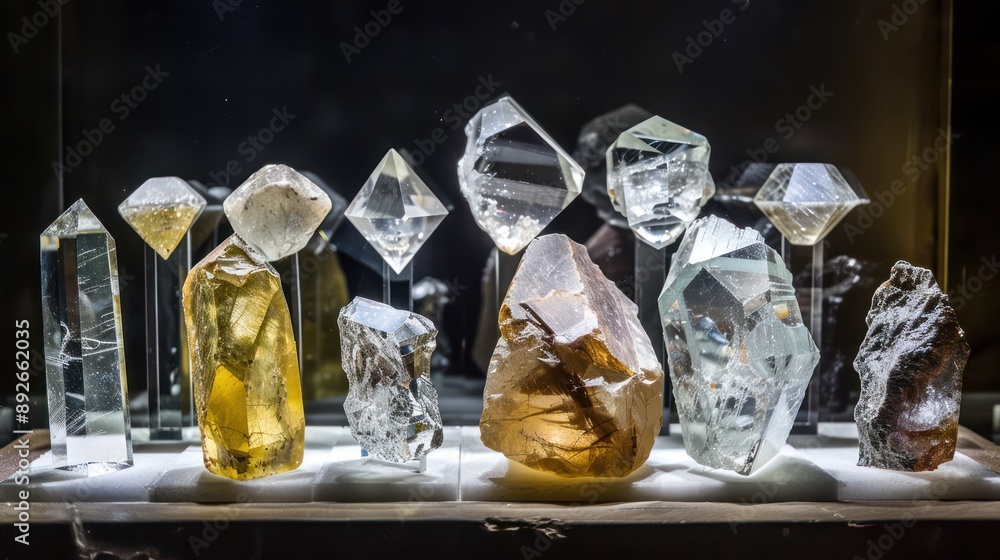 Aufkleber display of rough diamond specimens collected from different mining sites.