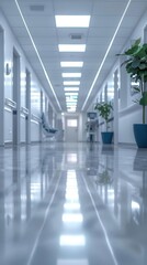 Unfocused hospital hallway, bright lighting, reception clinic in background, clean and sterile atmosphere, wideangle view, medical environment