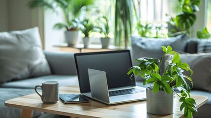 Fototapeta premium Cozy Home Office with Laptop, Plants, and Natural Light.