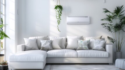 Obraz premium A white couch with pillows and a white air conditioner on the wall. The room is bright and airy, with a few potted plants adding a touch of greenery. Scene is calm and relaxing