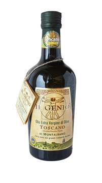 Milano, Italy, Iune 13, 2024: Bottle  Il Genio< olive oil Toscano isolated on white