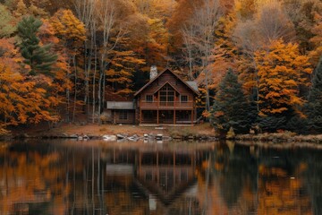 A house with a porch and a lake in the background. The house is surrounded by trees and the lake is calm