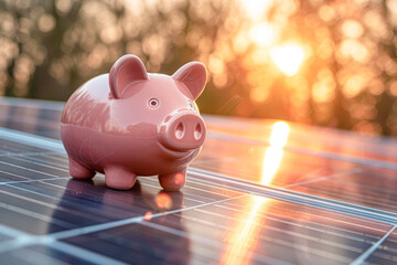 Green Savings Piggy Bank Money Box on Solar Energy Panel for Eco-Friendly Financial Planning