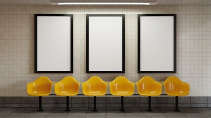 Three vertical subway advertisement billboard mockup 3d render illustration. Billboard poster...