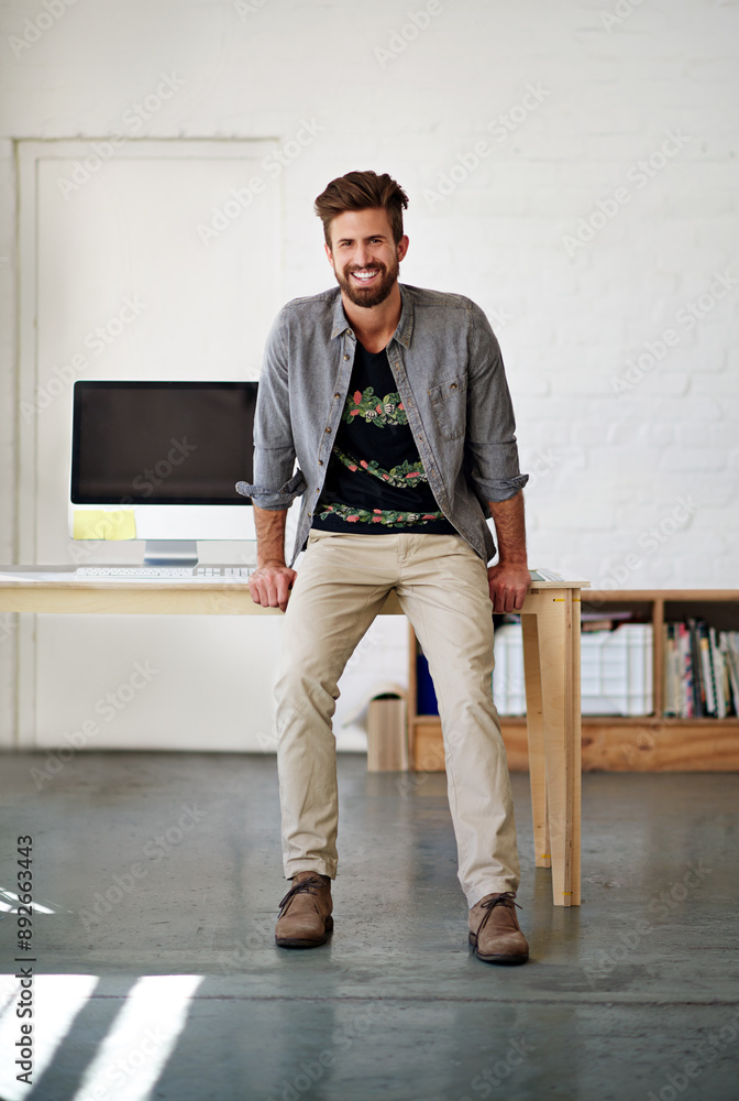 Aufkleber Computer, desk and portrait of web design man in office for administration of creative programming. Business, programmer and tech with happy website developer in professional workplace for IT support