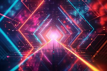 Fototapeta premium Futuristic Neon Light Tunnel with Geometric Patterns and Vibrant Colors in a Sci-Fi Digital Environment