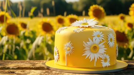 minimalist cake with a radiant yellow base and white sunflower designs, set against a backdrop of a sunny, blooming sunflower field