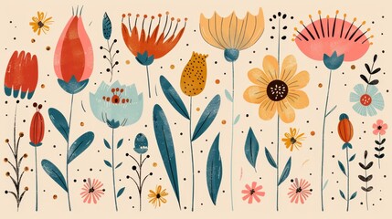 A colorful bouquet of flowers with a variety of colors and shapes. The flowers are arranged in a row, with some overlapping and others standing alone. Scene is cheerful and vibrant