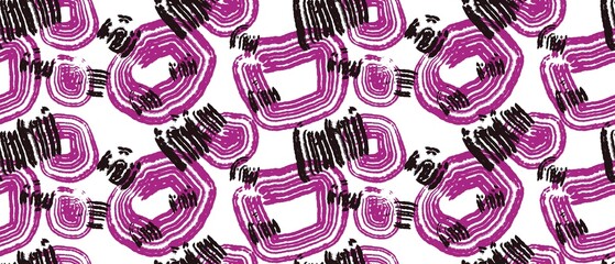 Seamless abstract textured pattern. Simple background with black, pink, white texture. Digital brush strokes. Lines, circles. Design for textile fabrics, wrapping paper, background, wallpaper, cover.