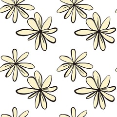 Seamless abstract botanical pattern. Simple background with black, yellow, white texture. Digital brush strokes. Flowers. Design for textile fabrics, wrapping paper, background, wallpaper, cover.