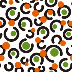 Seamless abstract textured pattern. Black, orange, green, white. Circles, dots, arcs, lines. Digital brush strokes. Design for textile fabrics, wrapping paper, background, wallpaper, cover.