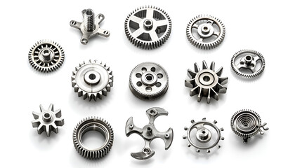 Fototapeta premium Set with different stainless steel gears on white background, top view