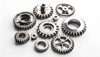 Set with different stainless steel gears on white background, top view