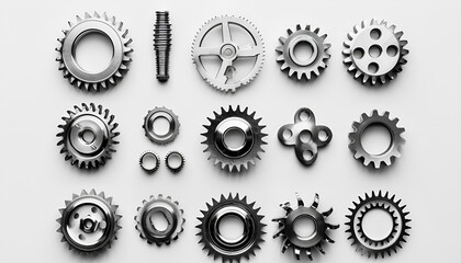 Set with different stainless steel gears on white background, top view