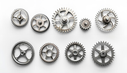 Set with different stainless steel gears on white background, top view