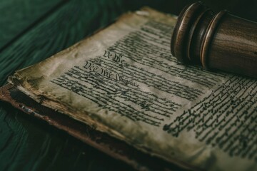 An Open Book and a Wooden Gavel Resting on a Dark Green Table