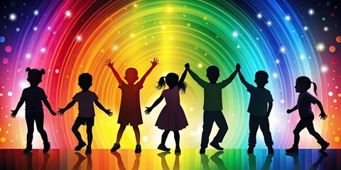 World Children's Day: Silhouettes of Kids Over Rainbow Paint Background