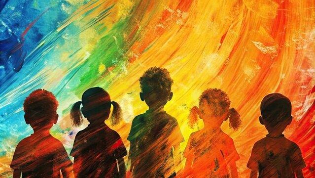 Celebrating World Children's Day: Children Silhouettes with Rainbow Paint