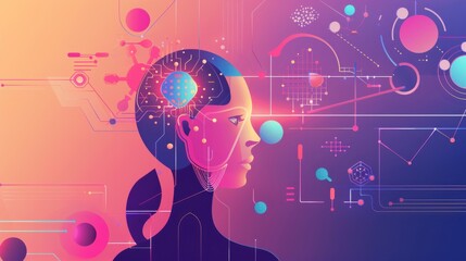 AI in scientific synergy, merging fields, flat design illustration