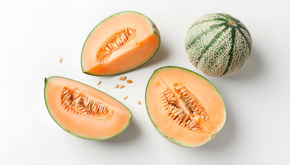 Cut tasty ripe melons on white background