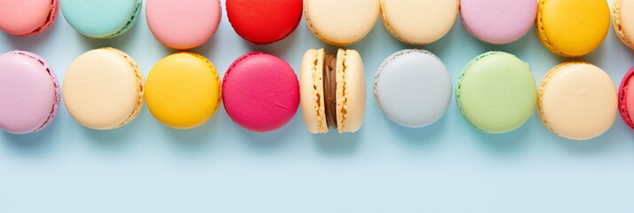 Obraz premium lined up various colorful macarons on blue background