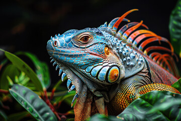 Obraz premium Colourful iguana in a natural environment in nature and on a dark background of greens and rocks