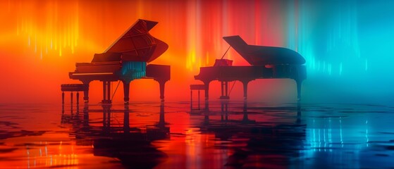 Two grand pianos silhouetted against a red and blue abstract background.