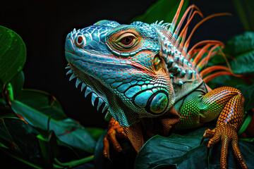 Fototapeta premium Colourful iguana in a natural environment in nature and on a dark background of greens and rocks