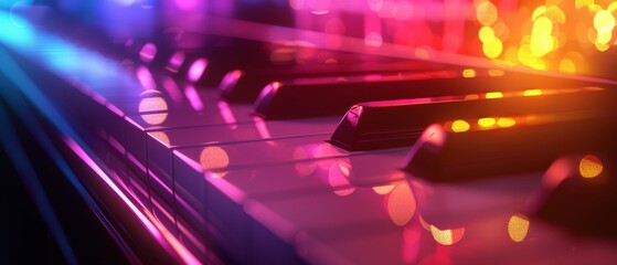 Grand piano illuminated by vibrant neon lights