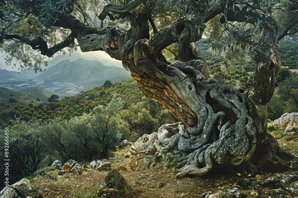 Poster a large tree with a trunk that is twisted and has a lot of branches