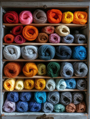 Organized shelf with colorful rolls of yarn.